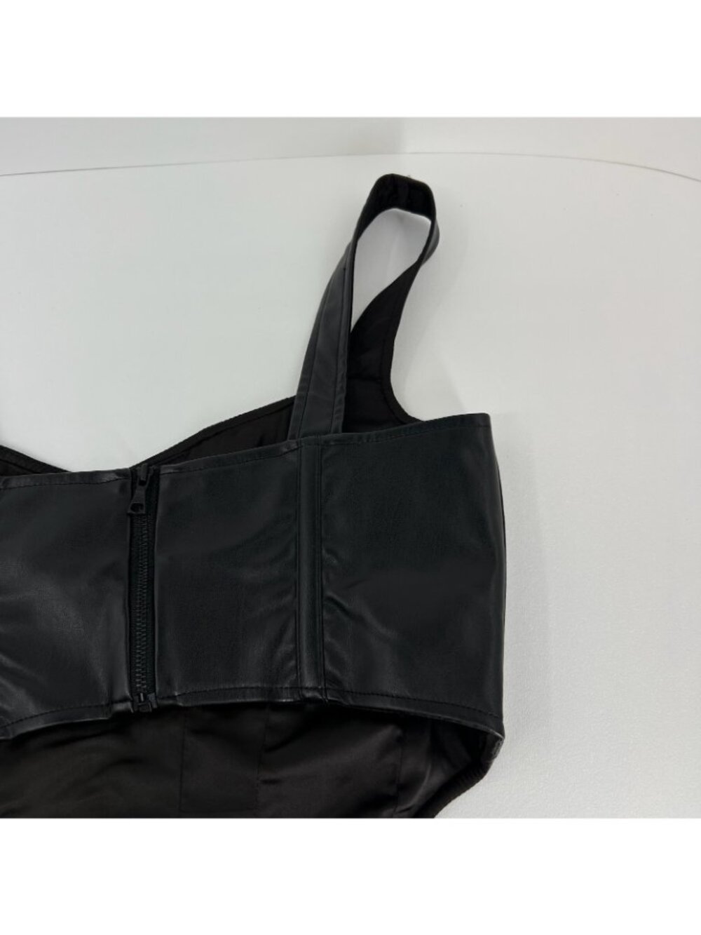 Bardot Faux Leather Corset Bustier Top Women 4 Boned Back Zip Cropped Cami Black - Picture 7 of 13